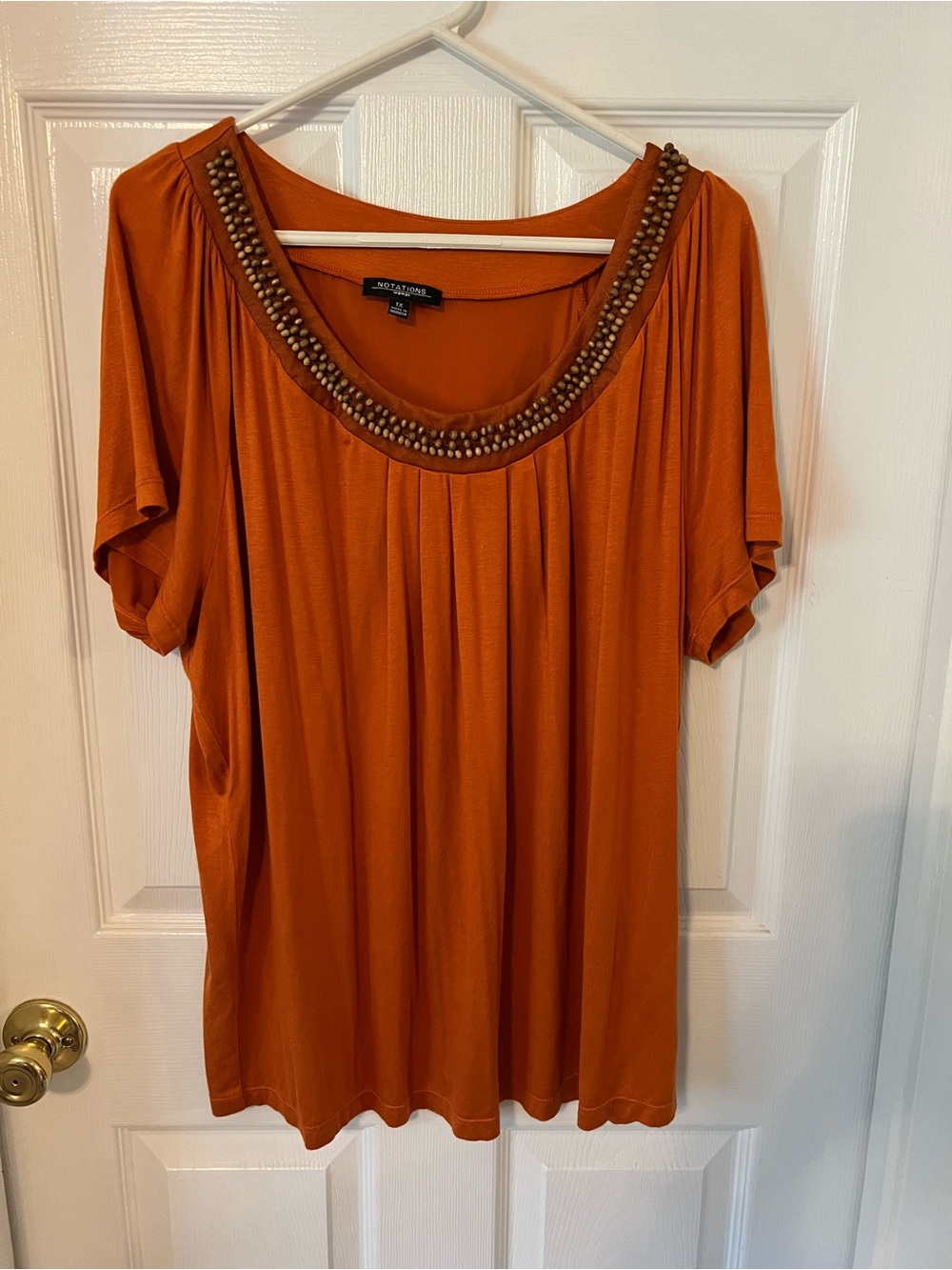 Notations Orange Beaded Scoop Neck Short Sleeve Top
